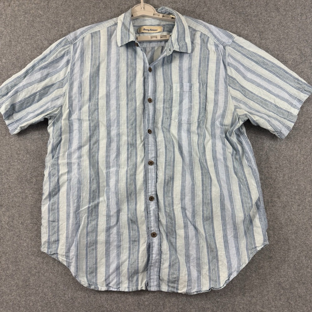Tommy Bahama Linen Short Sleeve Shirt Men's XL Blue Striped - Picture 1 of 7